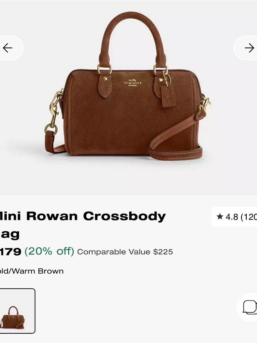 Coach Mini Rowan Crossbody Bag in Warm Brown Suede with Gold Hardware